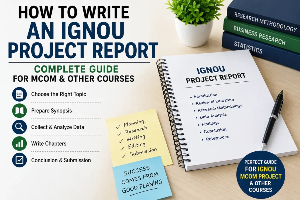 **Alt Text:** How to Write an IGNOU Project Report complete guide infographic showing project writing steps for IGNOU MCom and other courses, including topic selection, synopsis preparation, research methodology, data analysis, report writing, and project submission.