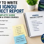 **Alt Text:** How to Write an IGNOU Project Report complete guide infographic showing project writing steps for IGNOU MCom and other courses, including topic selection, synopsis preparation, research methodology, data analysis, report writing, and project submission.